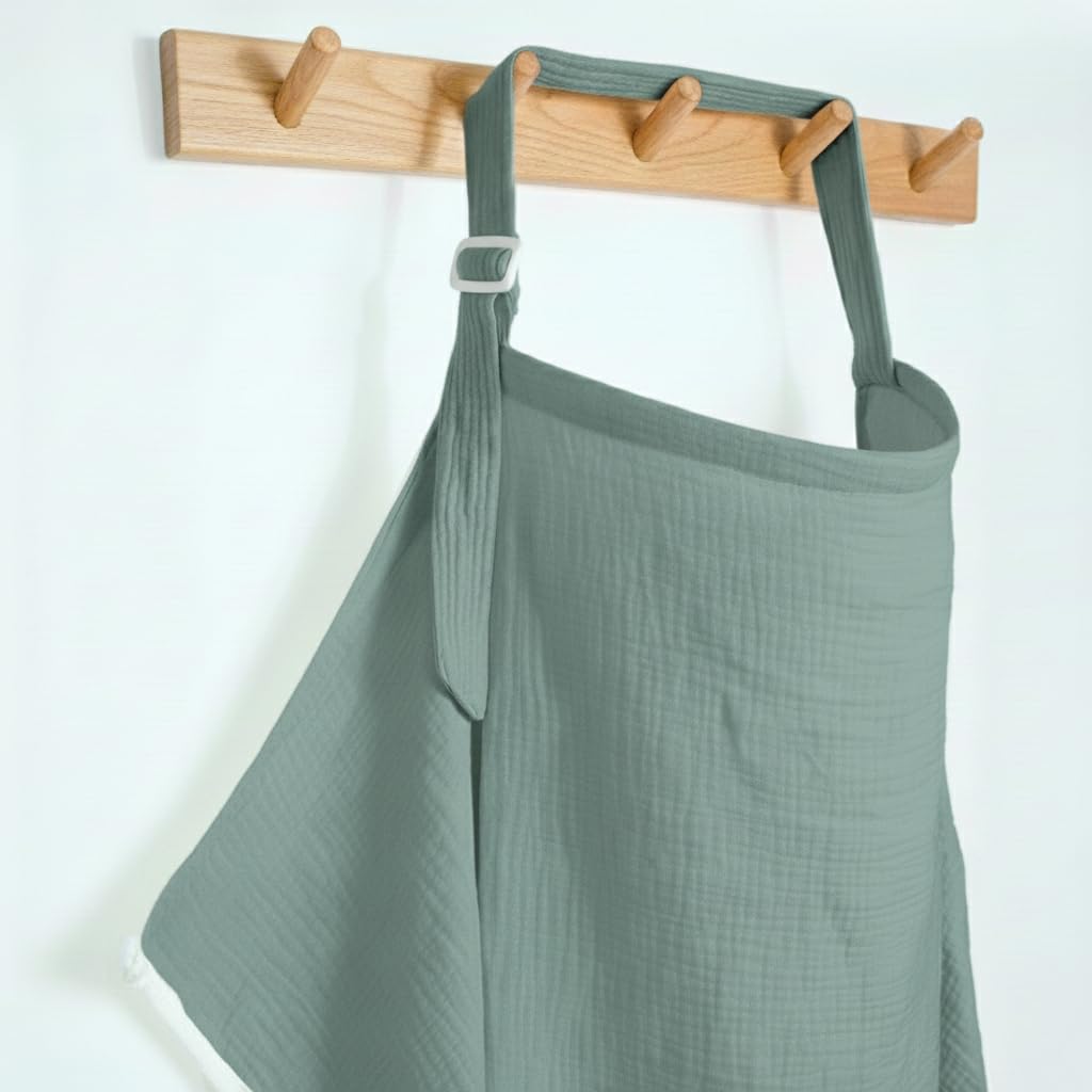 Muslin Nursing Covers for Breastfeeding, Arch Neckline Breast Feeding Covers for Women, Moms Privacy Breathable Summer Nursing, Enlarged XL Size Soft Feeding Cover (Roman Green)