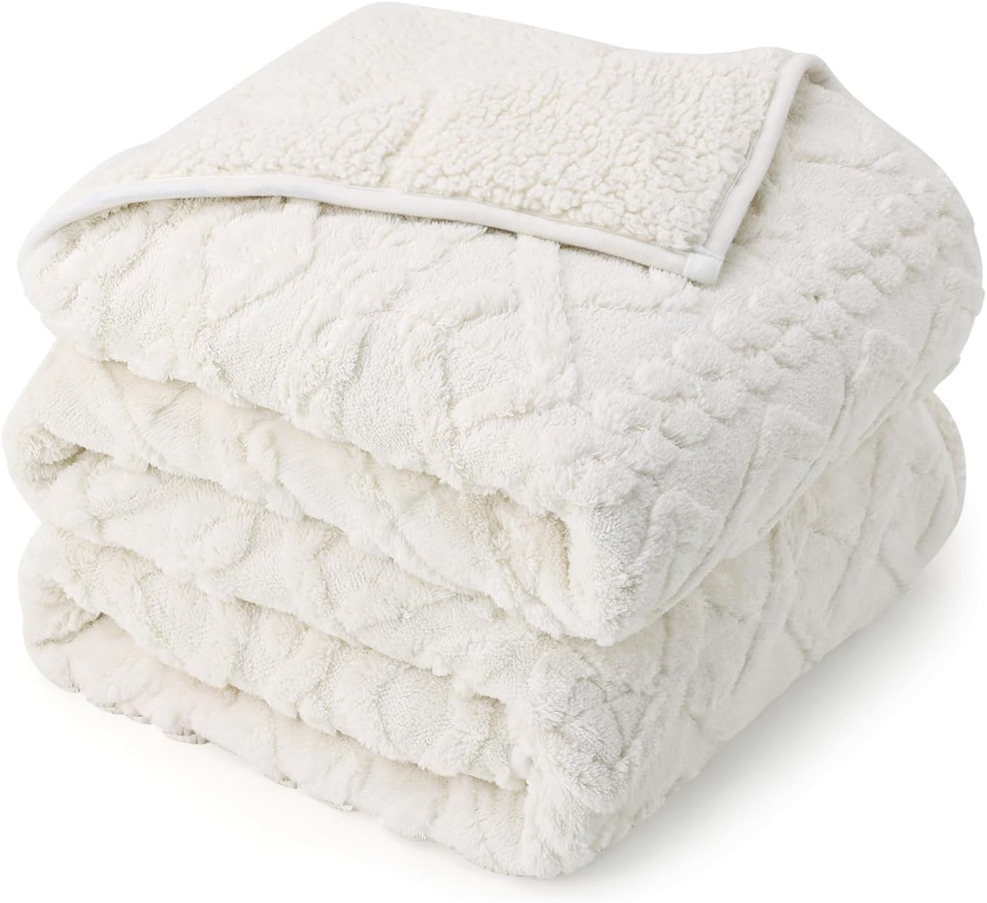 Drewin Weighted Blanket 15lbs Queen Size, Soft and Thick Jacquard Sherpa Heavy Blanket for Calming and Relax, Dual Sided Ultra Soft Fuzzy Throw Blanket with Ceramic Beads, 60 x 80 inches, Cream White