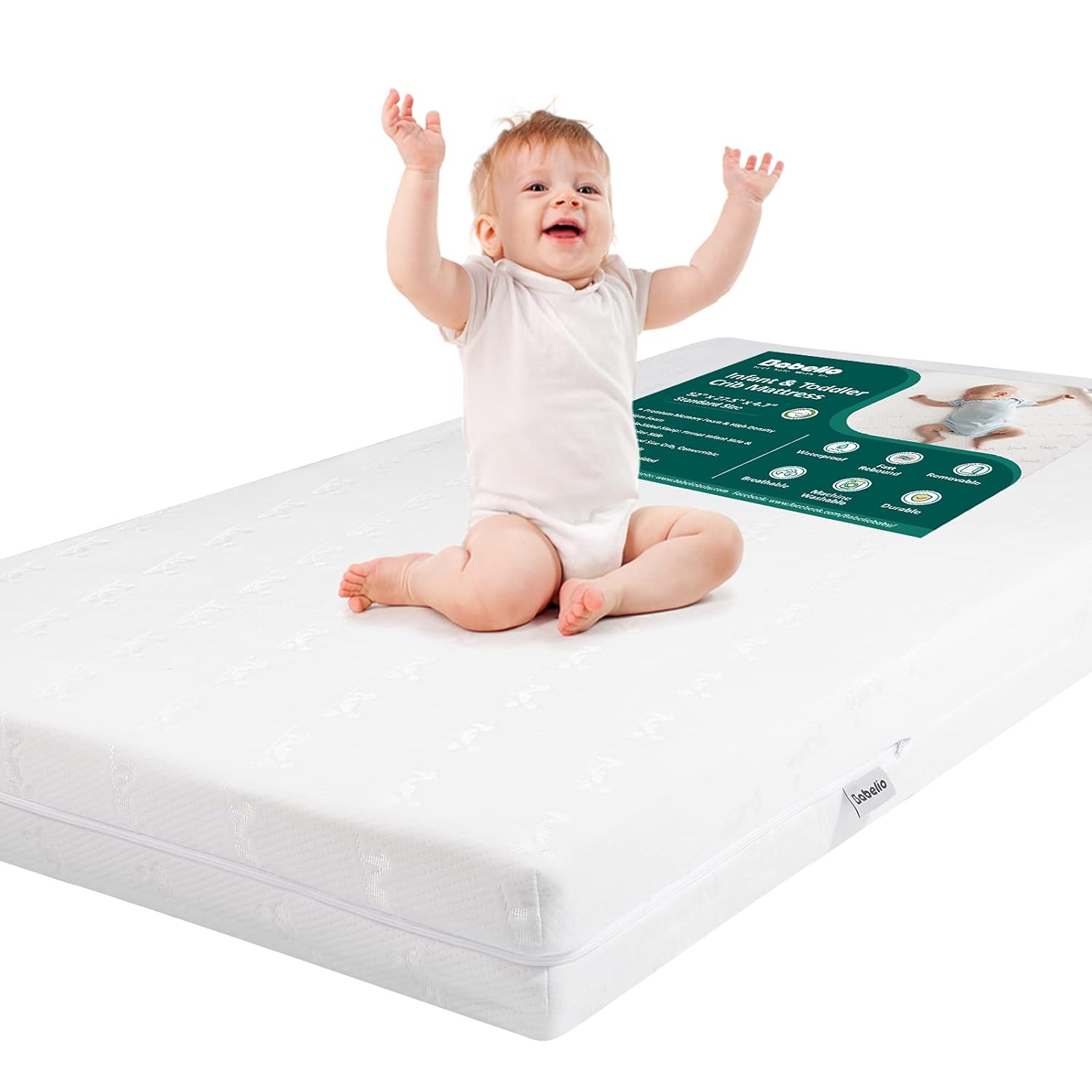 Babelio Breathable Crib Mattress, Dual-Sided, Memory Foam, Waterproof, Removable and Machine-Washable Cover, for Toddler and Baby 52″ x 27.5″