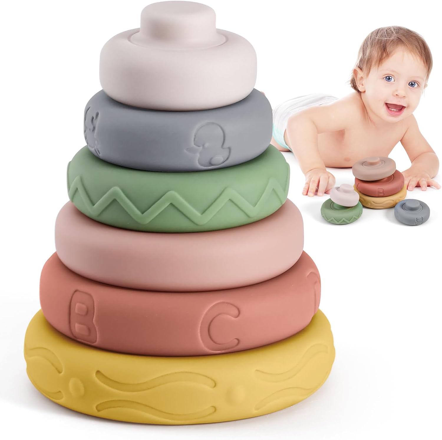BOBXIN Baby Stacking & Nesting Rings Toy 4.7″, 6pcs Soft Silicone Circle Building Stacker,Squeeze Play with Letter,Animal and Graphic,Toddler Sensory Learning Toys for Babies 6 Months+