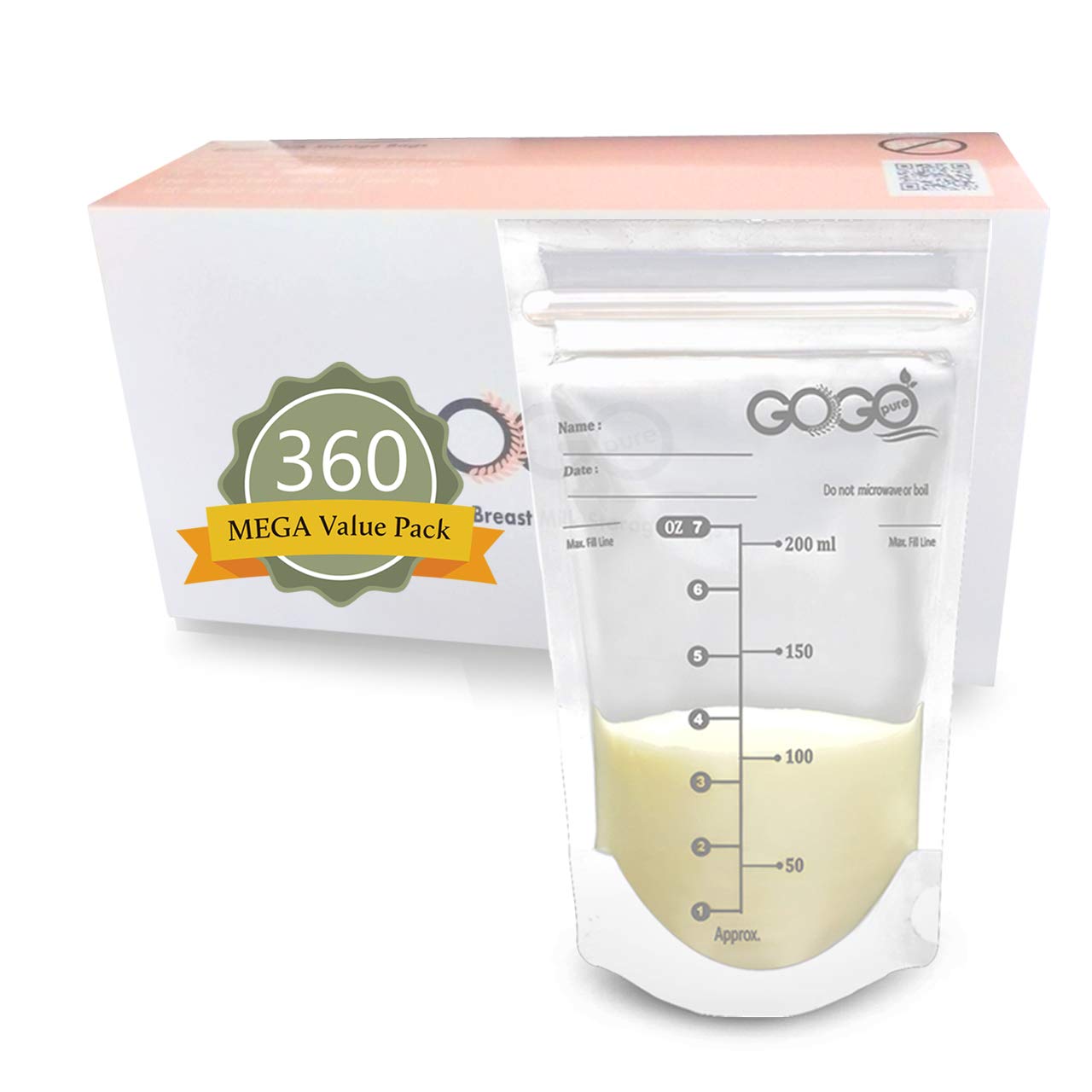 GOGO pure 360 CT (6 Pack of 60 Bags) MEGA Pack Breastmilk Storage Bags – 7 OZ, EACH PRE-STERILIZED By Gamma Ray, BPA Free, Leak Proof Double Zipper Seal, Self Standing, for Refrigeration and Freezing