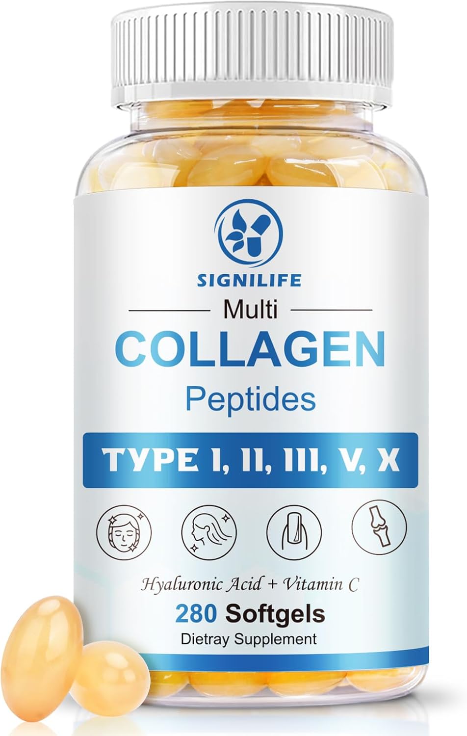 Multi Collagen Peptides for Women & Men, Hydrolyzed Collagen Peptides-Type I, II, III, V, X – with Hyaluronic Acid,Vitamin C,Biotin,Supports Skin Hair Nail, Non-GMO, 280 Softgels