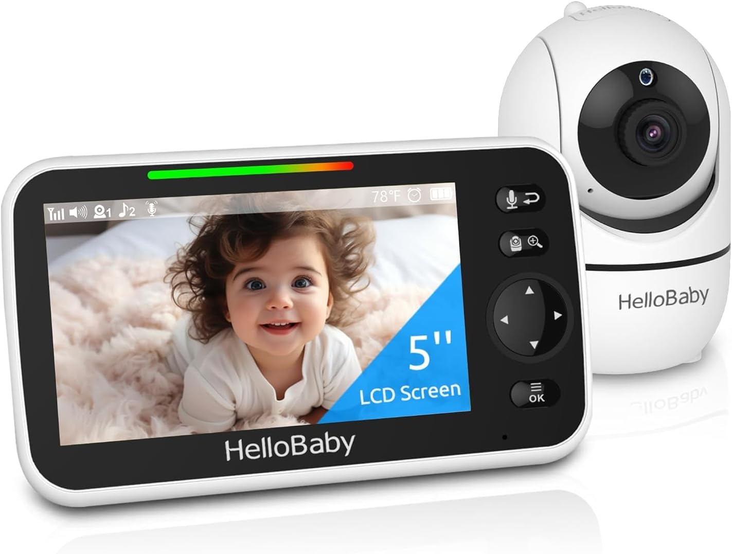 HelloBaby No WiFi Baby Monitor 5″ Screen 30-Hour Battery Pan-Tilt-Zoom Video Upgrade with Camera and Audio, Night Vision, VOX, 2-Way Talk, 8 Lullabies and 1000ft Range, HB6550