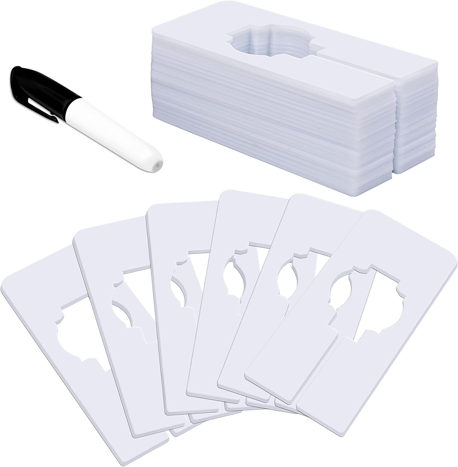 30 PCS Rectangular White Plastic Closet Dividers with a Bonus Marker, Writable and Reusable for Sorting Clothing Size, Color, Size 2” x 5.4’’(Inner Diameter 1.38”)