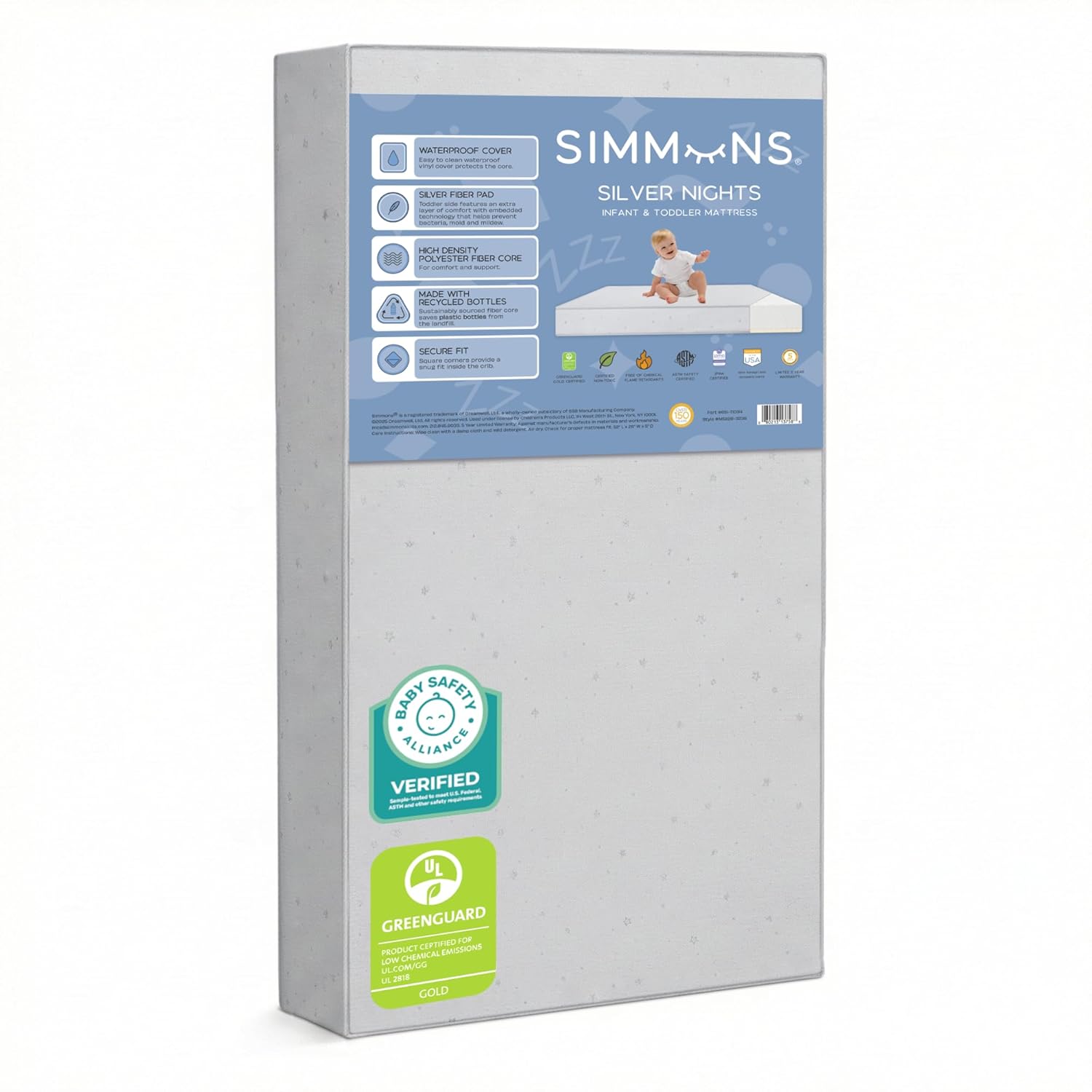 Simmons Kids Silver Nights Dual Sided 2-Stage Baby Crib Mattress and Toddler Mattress – GREENGUARD Gold – Waterproof – Sustainably Sourced Core Fiber Core, Grey