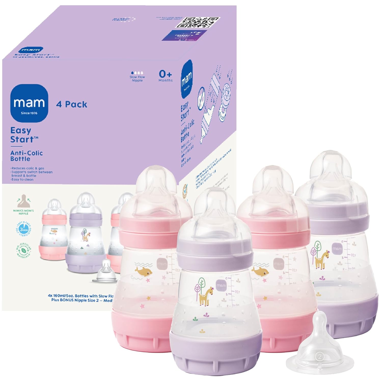 MAM 5oz Easy Start Anti-Colic Wide Neck Vented Baby Bottle, Slow Flow Breastfeeding-Like Nipple,Reduces Colic Gas & Reflux, Easy Clean, BPA Free,0+ Months, Made in Europe,Bonus Medium Flow Nipple