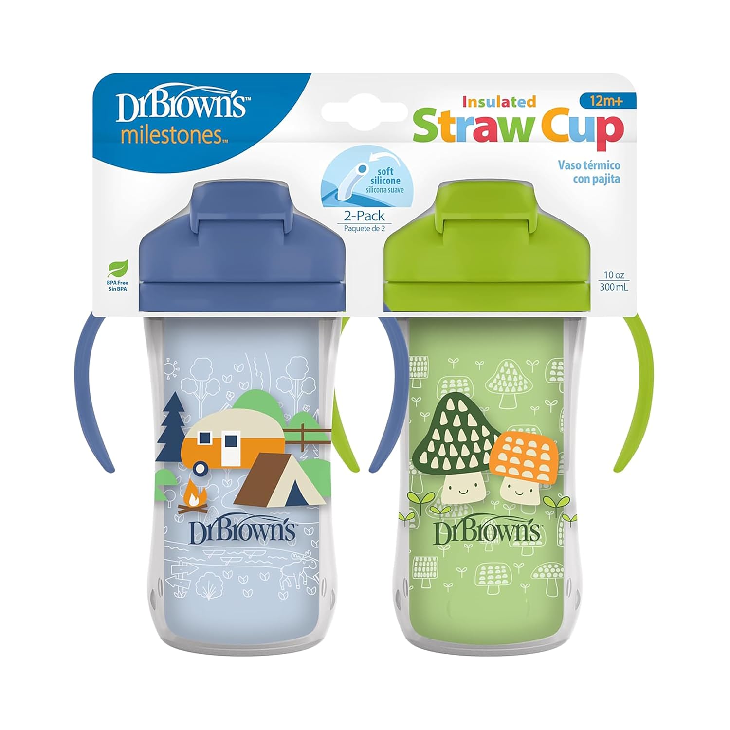 Dr. Brown’s Milestones Insulated Sippy Cup with Straw and Handles, Spill-Proof Tumbler with Lid, 2-Pack, Blue & Green, 10 oz/300 mL, BPA Free, 12m+