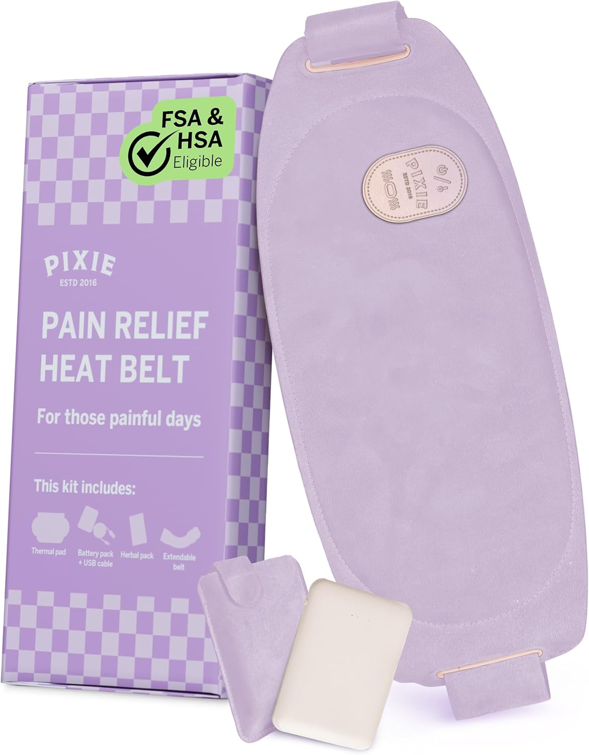 Pixie Period Heating Pad for Cramps – Wearable Cordless Graphene Heat Belt – 3 Heat Settings – Vibration Massage – Discreet – Adjustable Fit – Rechargeable – FSA Eligible and HSA Eligible – Purple
