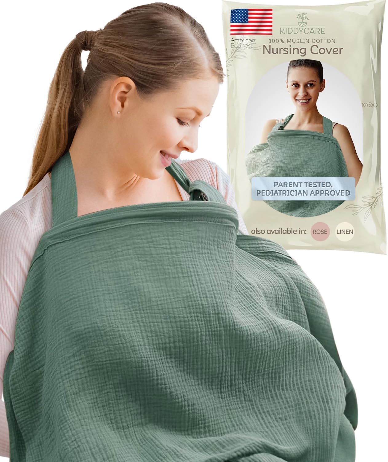 Kiddycare Nursing Cover, Muslin Cotton Privacy Nursing Covers, Gentle on Baby’s Skin, Discreet Breastfeeding Covers for Nursing Moms, Breathable Nursing Cover Up for Breastfeeding Essentials (Basil)