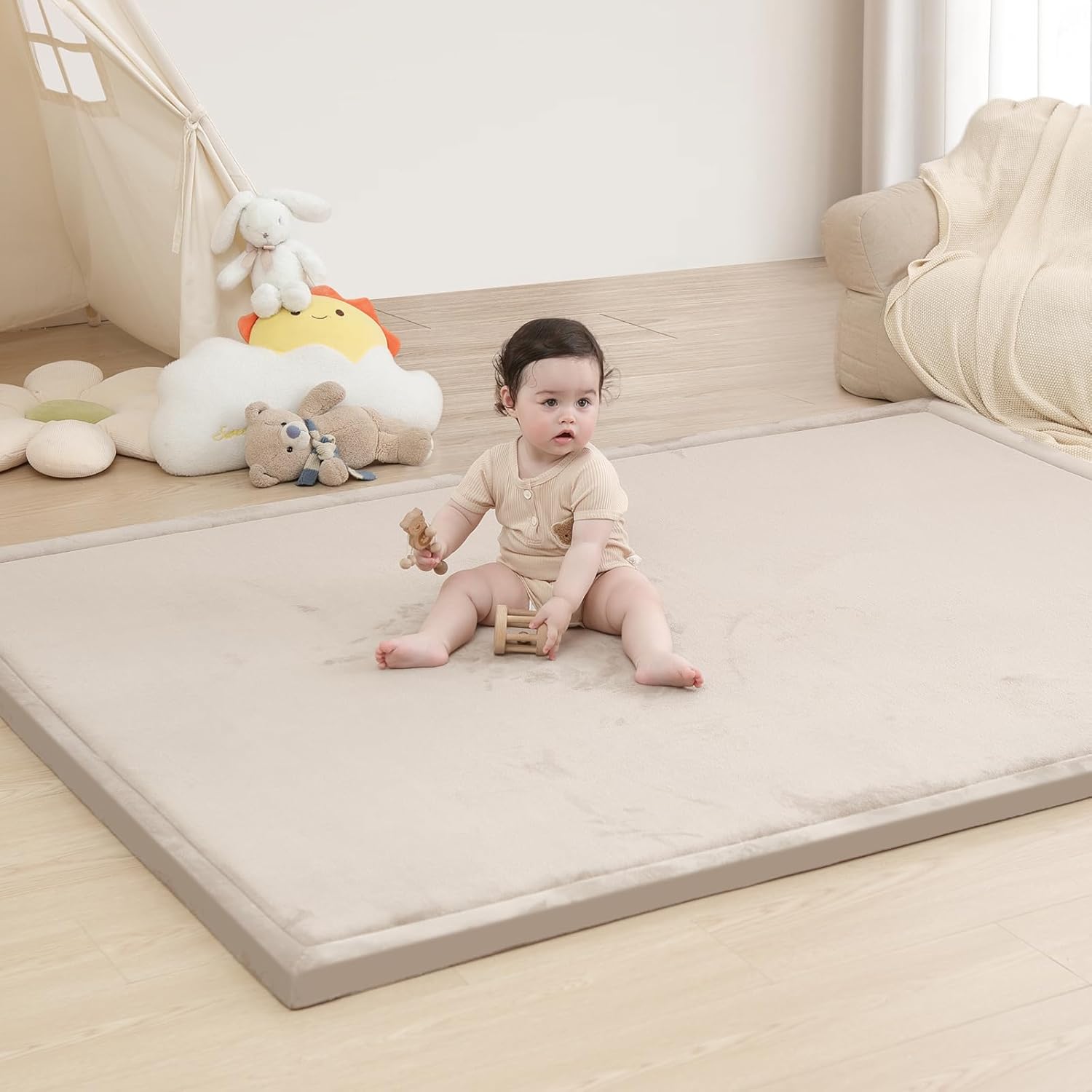 Baby Play Mat for Floor,1.3″ Thick Memory foam Tummy Time Mat,Soft Coral Velvet Nursery Rug for Toddlers,Infants,kids,Extra Large Non Slip for Crawling,Yoga,Tatami Style for Living Room(Beige)