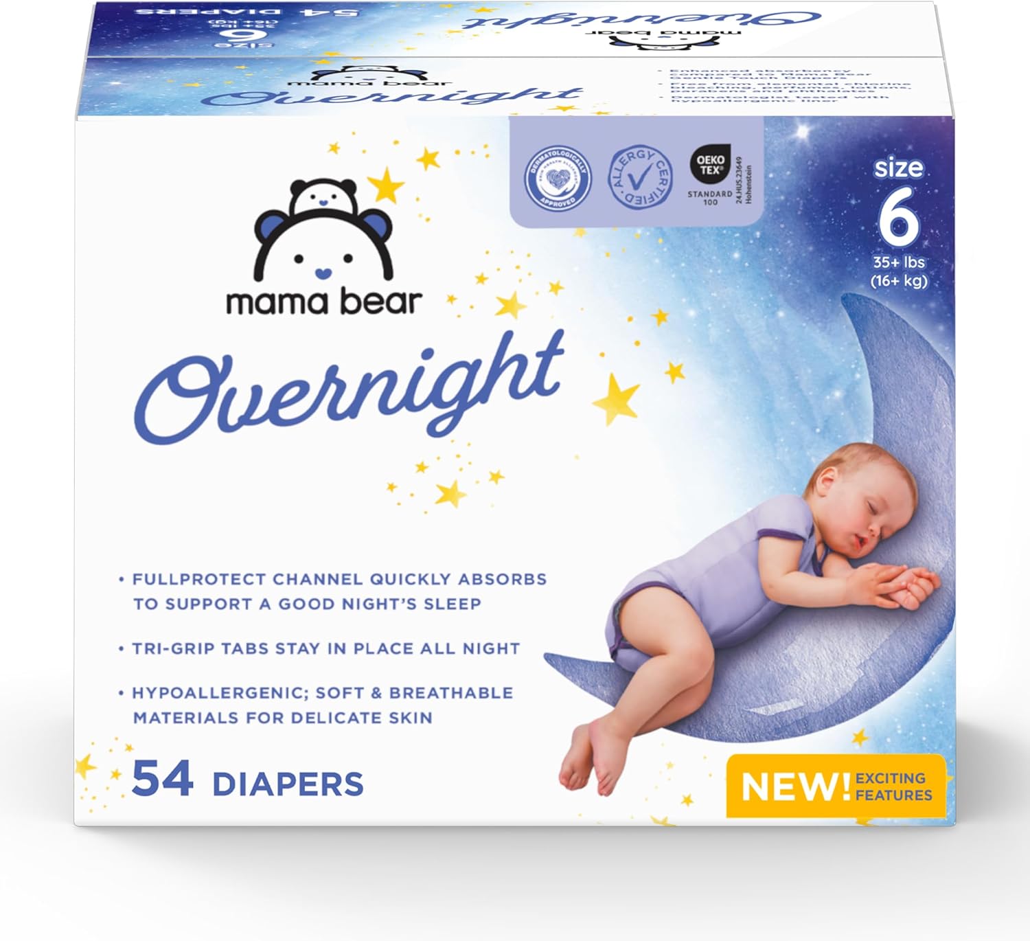 Amazon Brand – Mama Bear Overnight Baby Diapers with Leak Protection and Skin Protection, Fragrance-Free, Size 6, Hypoallergenic, Chlorine Free, Dermatologist Tested, 54 Count