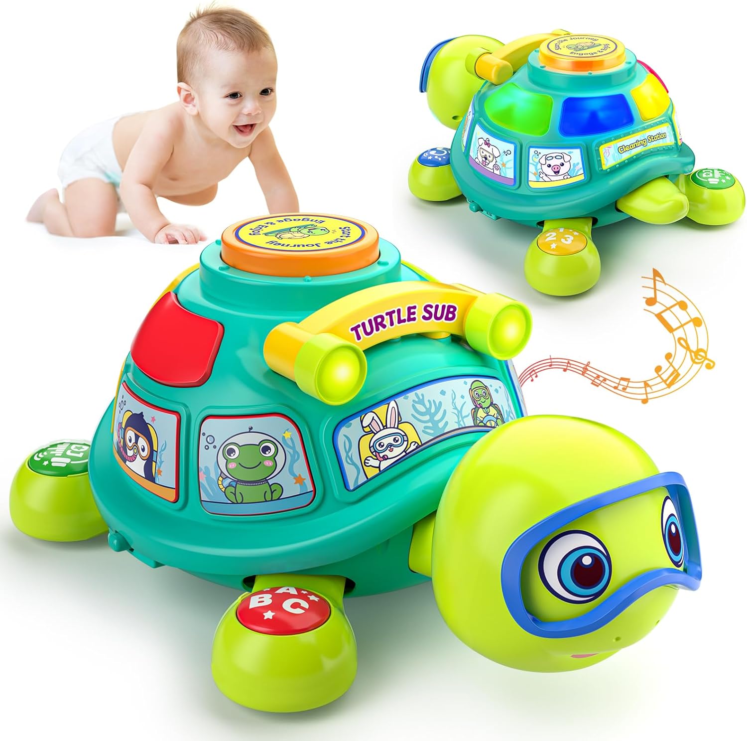 ToddlerCley Musical Turtle Baby Toys 6-12 Months, Bilingual Educational Crawling Toys 7 8 9 10 Months, Light up Infants Tummy Toy with Sound, Number, Letters, Gifts Present for Baby 4 5 6 12 Month