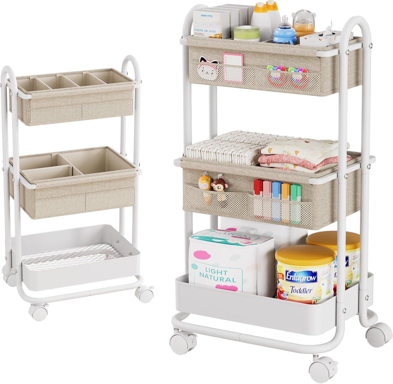 Modanais Baby Diaper Caddy Organizer Cart – 3 Tier Rolling Storage Cart with Wheels, Baby Essentials Nursery Storage, Detachable Dividers – for Crib, Bedroom, Art & Craft Organizer (Off White)