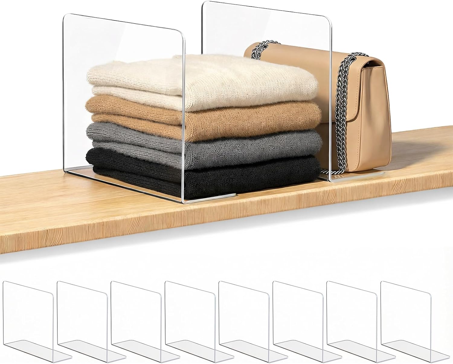 OKPOW Shelf Dividers for Closet Organization – Keep Sweaters & Purses Upright, Clear Acrylic Separators for Most Wood Shelves & Pantry, Damage-Free, Sturdy & Tall (10″ x 12″, 8 Pack)