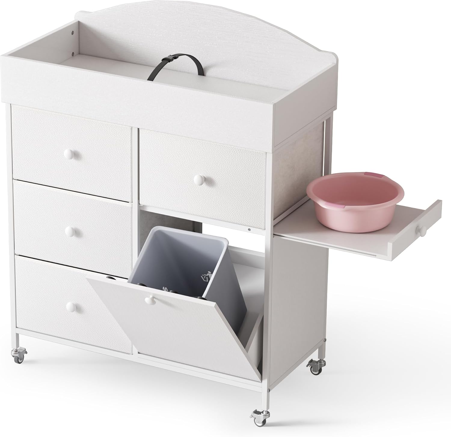 DTK Baby Dresser with Changing Table Top,4-Drawers Changing Table Dresser with Tile-Out Trash Cabinet and Pull-Out Shelf,Diaper Changing Station with Waterproof Pad and Storage for Nursery,White