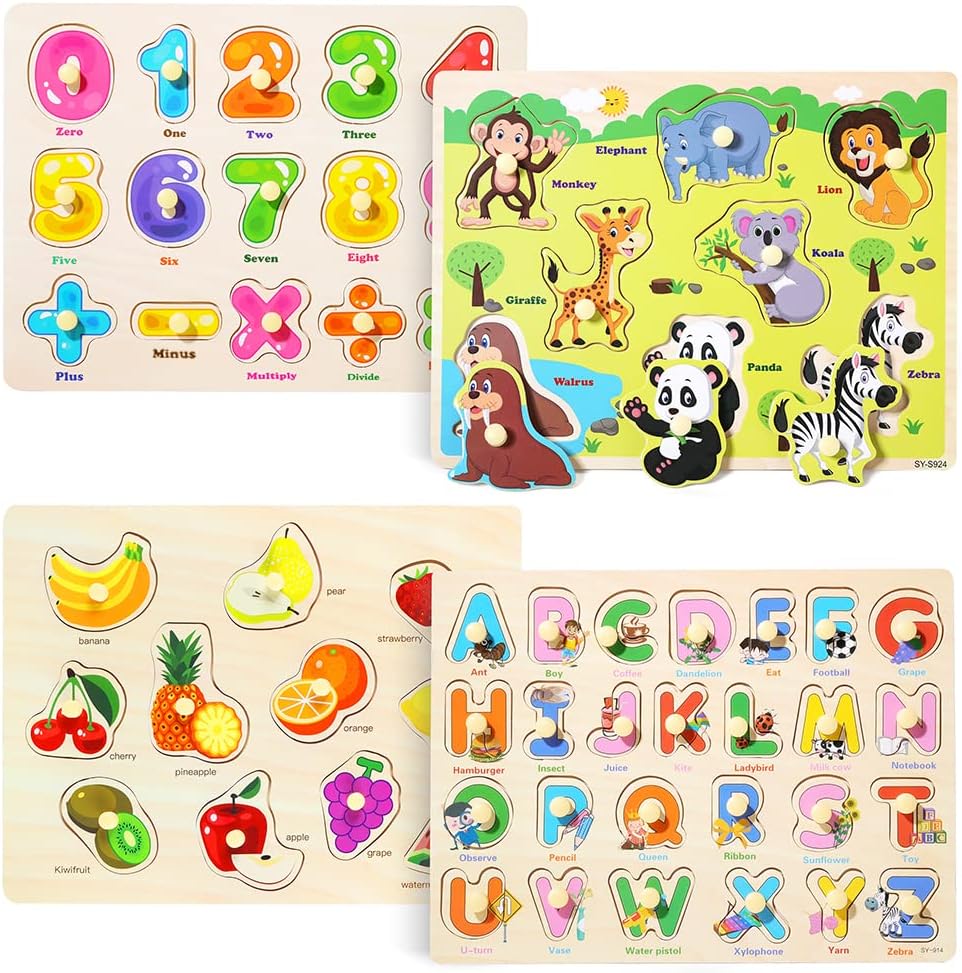 GRINNNIE Wooden Peg Puzzle for Toddlers 3 4 5 Years Old, 4 PCS Montessori Educational Learning Puzzles Set-Numbers, Letters, Animals and Fruits, Great Preschool Gifts for Girls and Boys