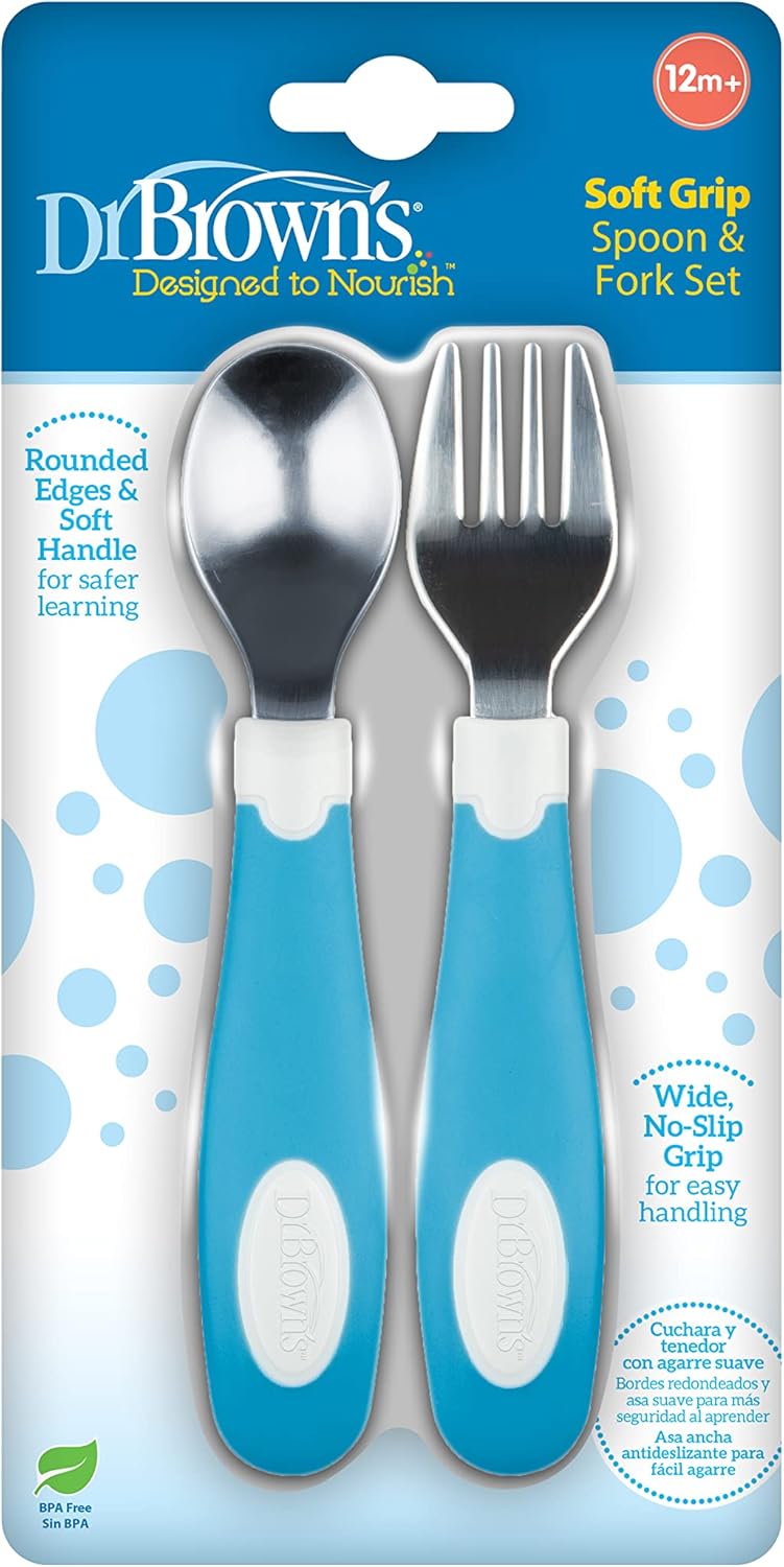 Dr. Brown’s Soft-Grip Spoon and Fork Utensil Set, Safe Silverware for Toddlers, Blue, 12m+ – 2-pack