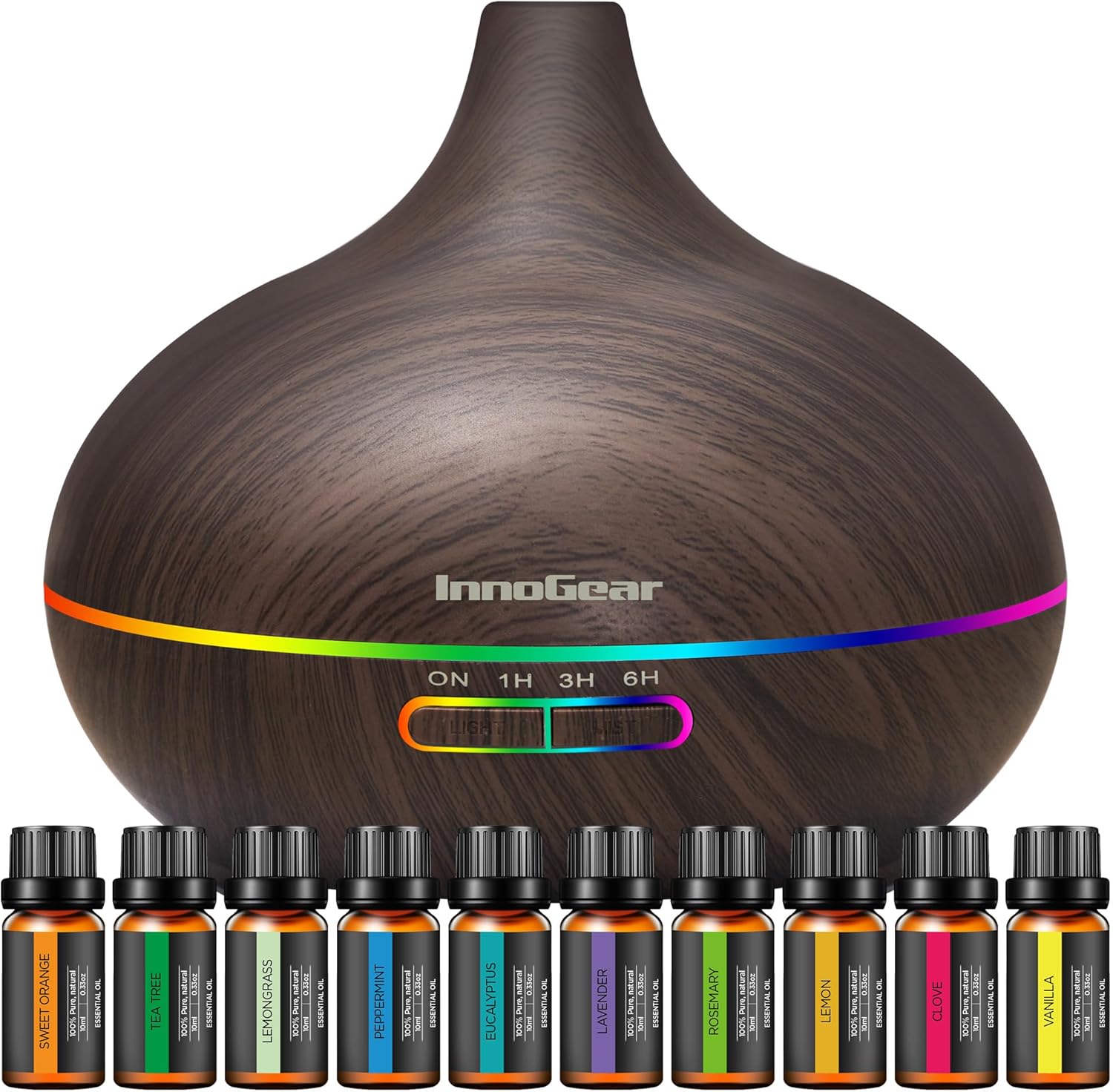 InnoGear Aromatherapy Diffuser & 10 Essential Oils Set, 400ml Diffuser Ultrasonic Diffuser Cool Mist Humidifier with 4 Timers 7 Colors Light Waterless Auto Off for Valentine’s Gift, Dark Wood Grain
