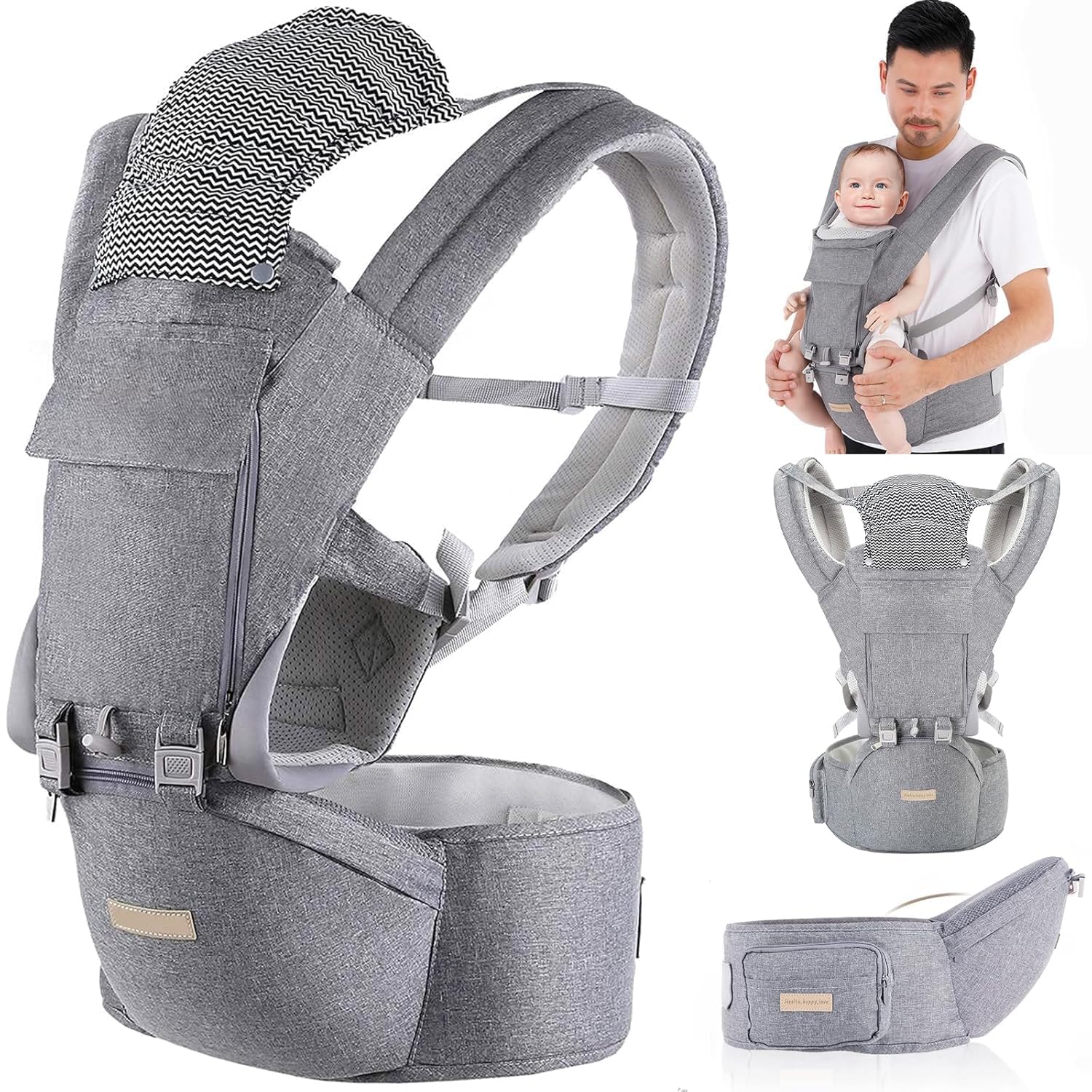 Baby Carrier Newborn to Toddler: 9-in-1 Convertible Carrier Ergonomic Infant Carriers All Seasons, M Positions, Adjustable Strap Perfect for Travel 3-36 Months Grey – Baby Carrier with Hip Seat