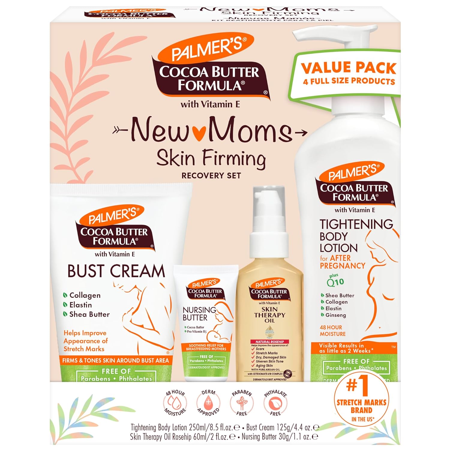 Palmer’s Cocoa Butter Formula New Moms Skin Recovery Postpartum Essentials, Body Lotion (8.5 oz) + Nursing Butter (1.1 oz) + Bust Cream (4.4 oz) + Skin Therapy Oil (2 oz), Dermatologist Approved