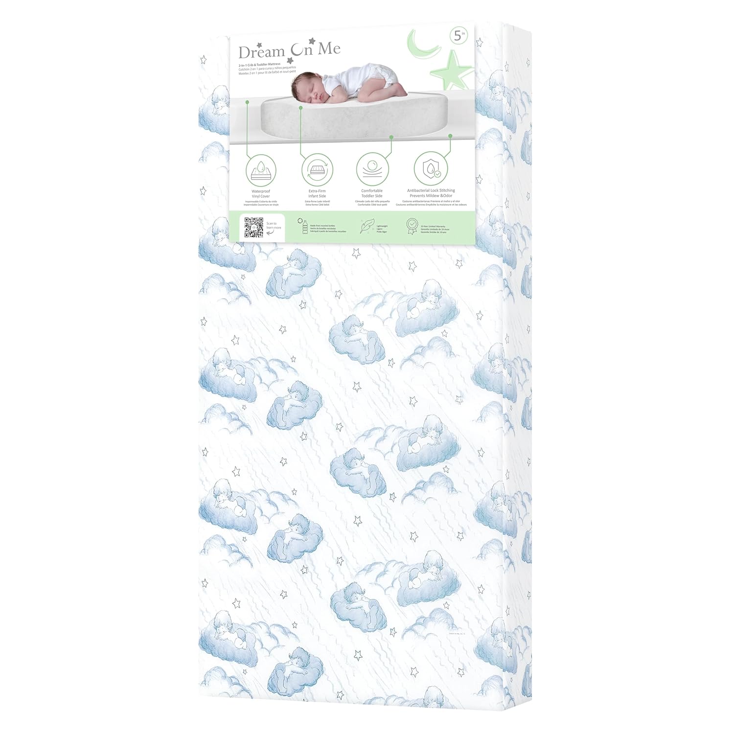 Dream On Me 5″ Cozy Cloud 2-in-1 Crib and Toddler Mattress, Dual-Sided – Infants & Toddlers, Breathable & Waterproof, 75% Recycled Fiber, GREENGUARD Gold & Baby Safety Alliance Certified – Blue Cloud