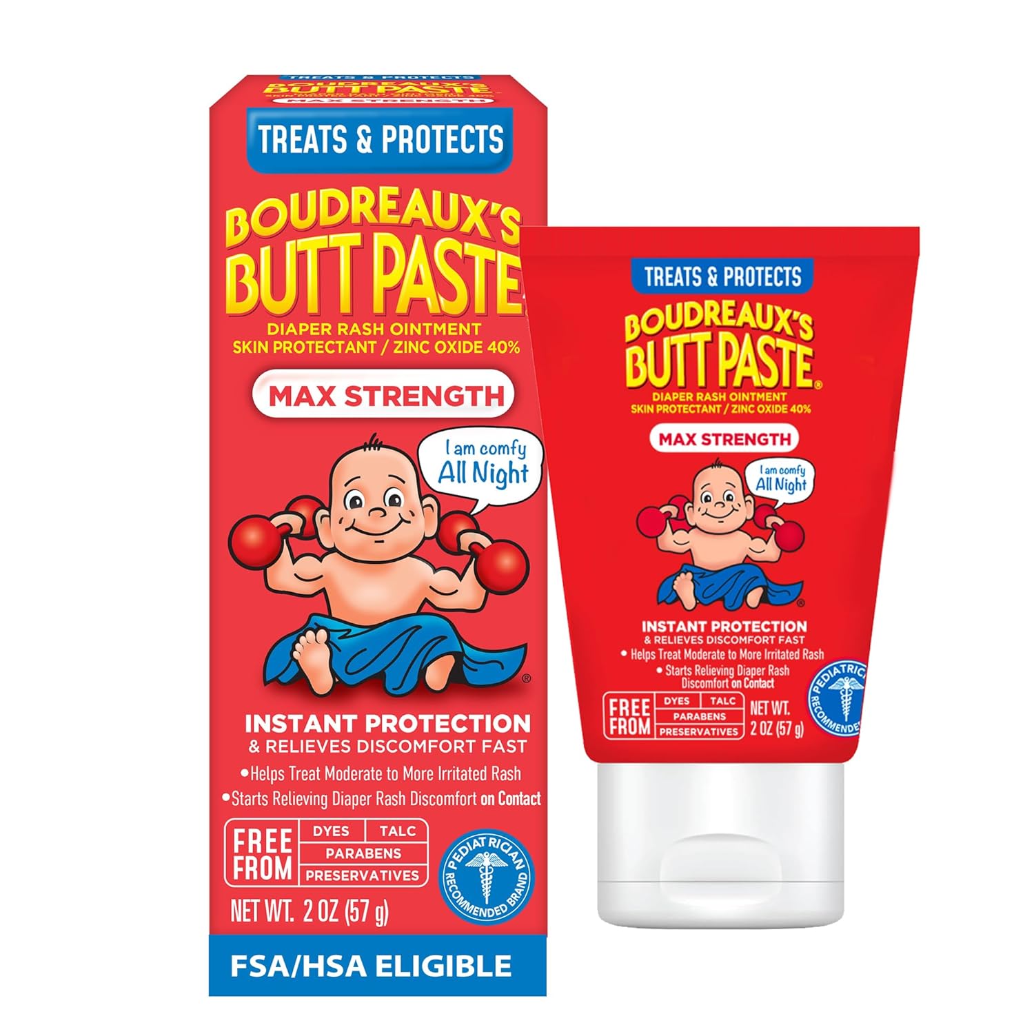 Boudreaux’s Butt Paste Max Strength Diaper Rash Cream for Baby, Ointment With Zinc Oxide, 2 oz Tube