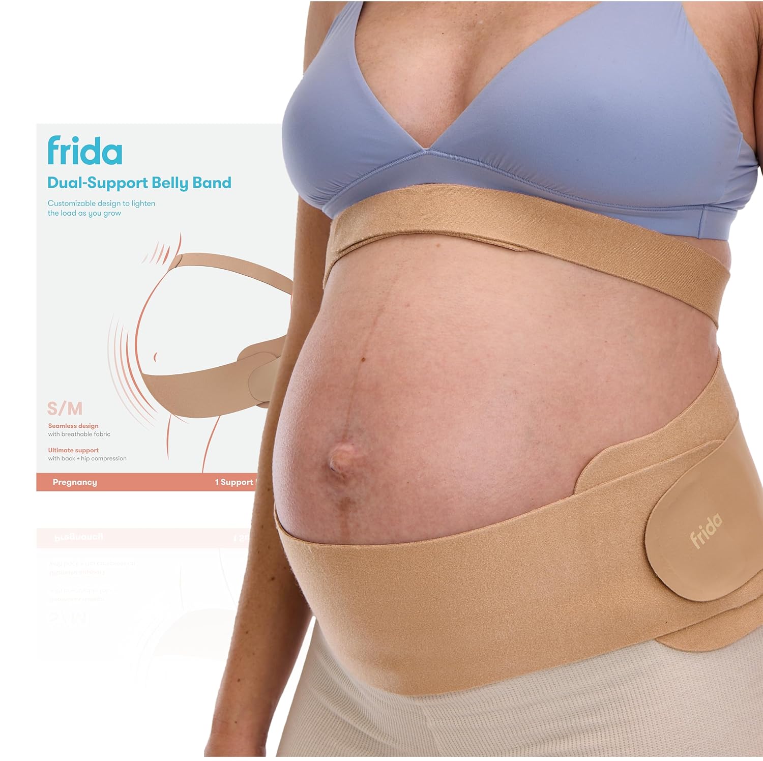 Frida Mom Dual Support Pregnancy Belly Band S/M, Maternity Belly Band with Ultimate Support Back, Hip & Pelvic, Adjustable, Lightweight, Breathable & Comfy, Supports Bump as Baby Grows, Clay