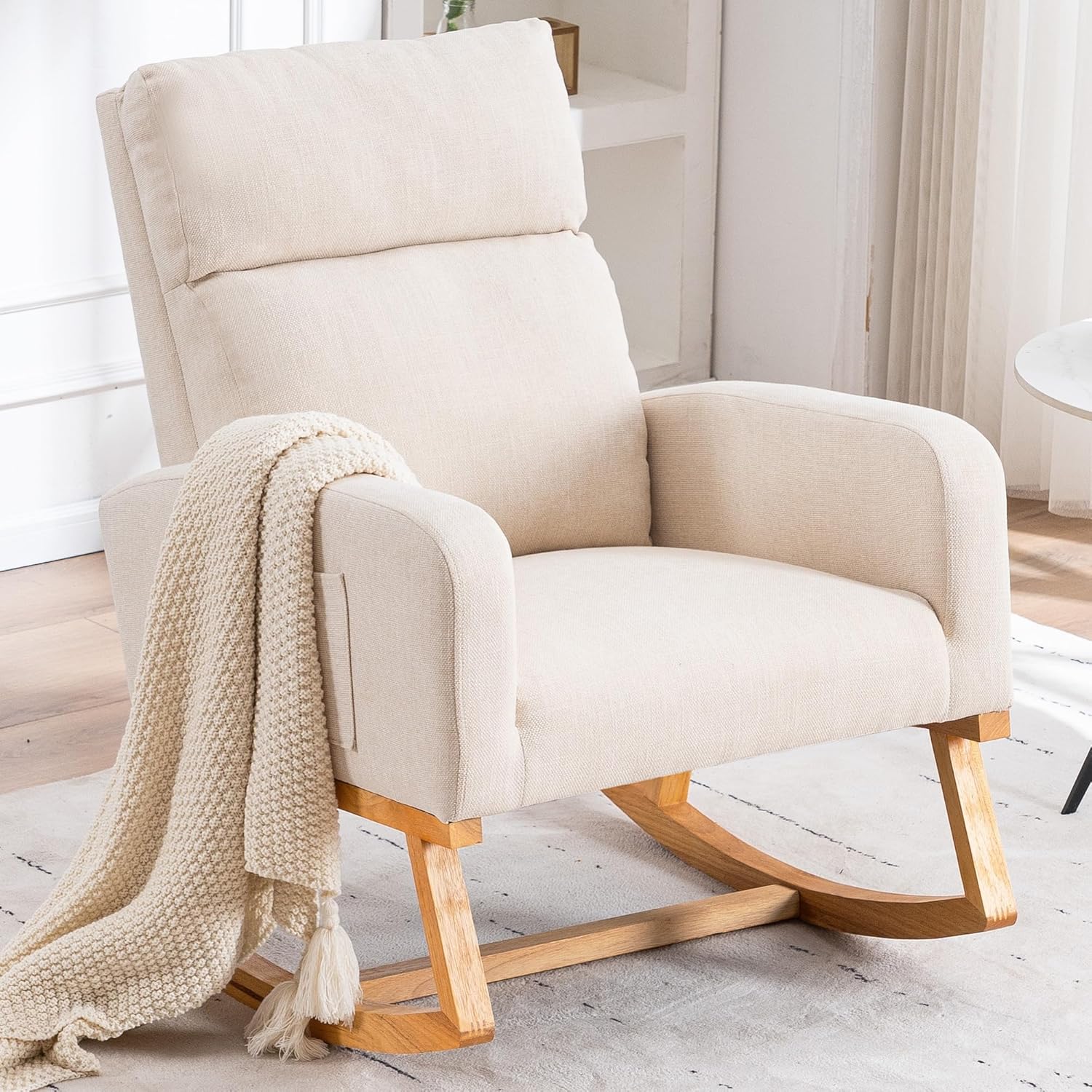 Rocking Chair Nursery – Glider Modern Accent Chairs Upholstered Linen Nursing Rocker Padded Armchair for Indoor Living Room Bedroom Beige