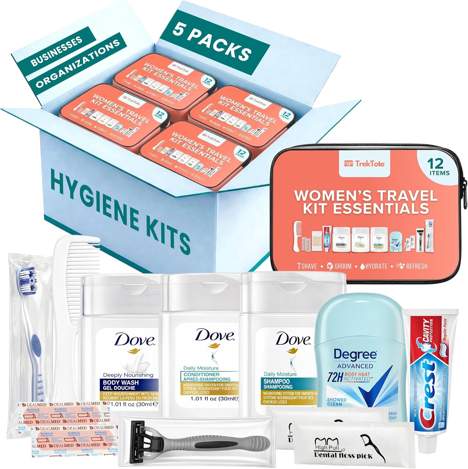 TrekTote Womens Bulk Travel Hygiene Kits 12 Piece, Travel Size Toiletries Set with Cosmetic Bag, Bulk Case Pack Pre Assembled Care Kits