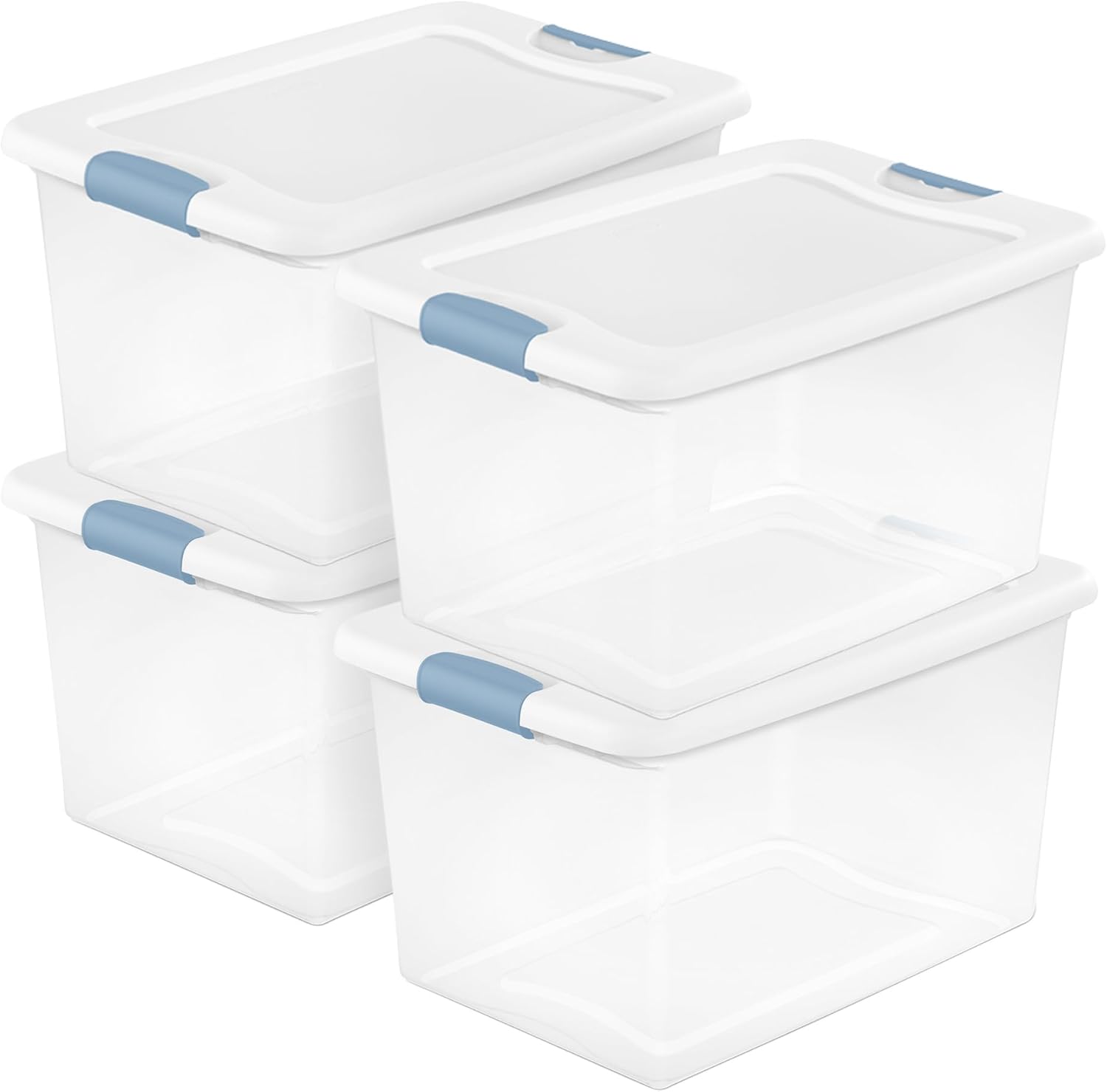 Sterilite 4-Pack 64 Quart Latching Box, Clear Plastic Storage Organizer Bins with White Lids – Large Stackable Containers for Home Bedroom, Dorm Room, and Closet Organization