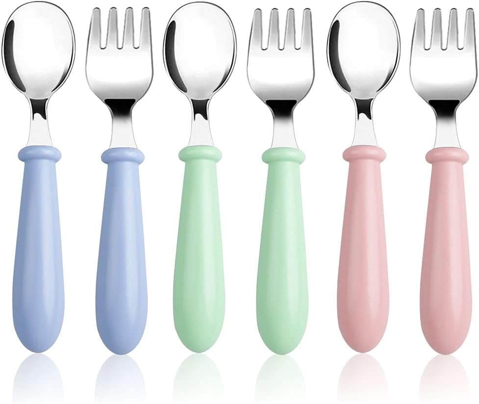Pimoys 6 Pieces Toddler Utensils Kids Silverware Baby Forks and Spoons Set, Stainless Steel Childrens Safe Flatware Metal Kids Cutlery Set with Round Handle, Dishwasher Safe