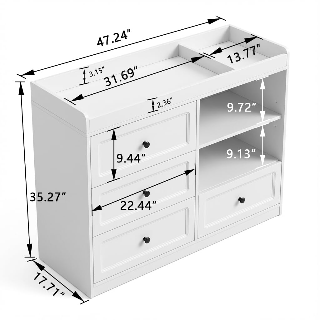 Cushore Changing Table Dresser, Baby Dresser with Changing Table Top, Nursery Dresser with 4 Drawers & Adjustable Shlef, Diaper Changing Station for Baby Room, White