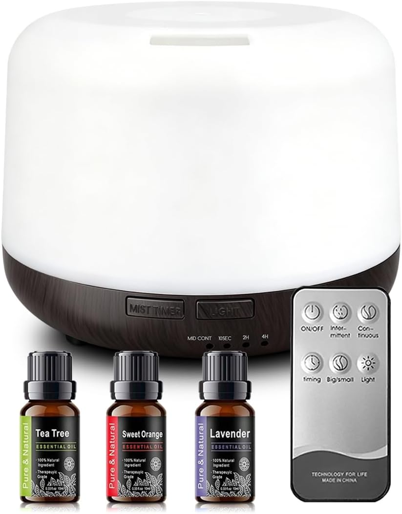 Aroma Diffuser with 3 Essential Oils Set,500ml Aromatherapy Essential Oil Diffusers for Large Room,Mini Humidifier for Home Large Capacity Gift for Yoga Sleeping