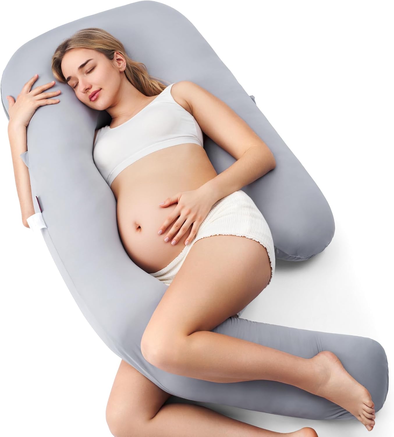 Momcozy Pregnancy Pillow with Cooling Cover, Dreamlign U Pro Maternity Pillow with Adjustable Leg Pillow – Support for Back, HIPS, Belly, Legs for Pregnant Women, 50-72 Inch Full Body Pillow, Grey