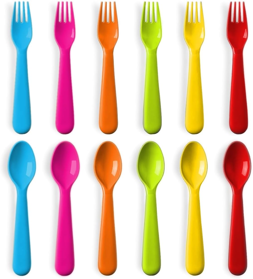 PLASKIDY Plastic Toddler Utensils Set of 12 Kids Utensils Forks and Spoons – BPA FREE/Dishwasher Safe Toddlers Silverware Set Brightly Colored Children’s Safe Flatware Cutlery Set