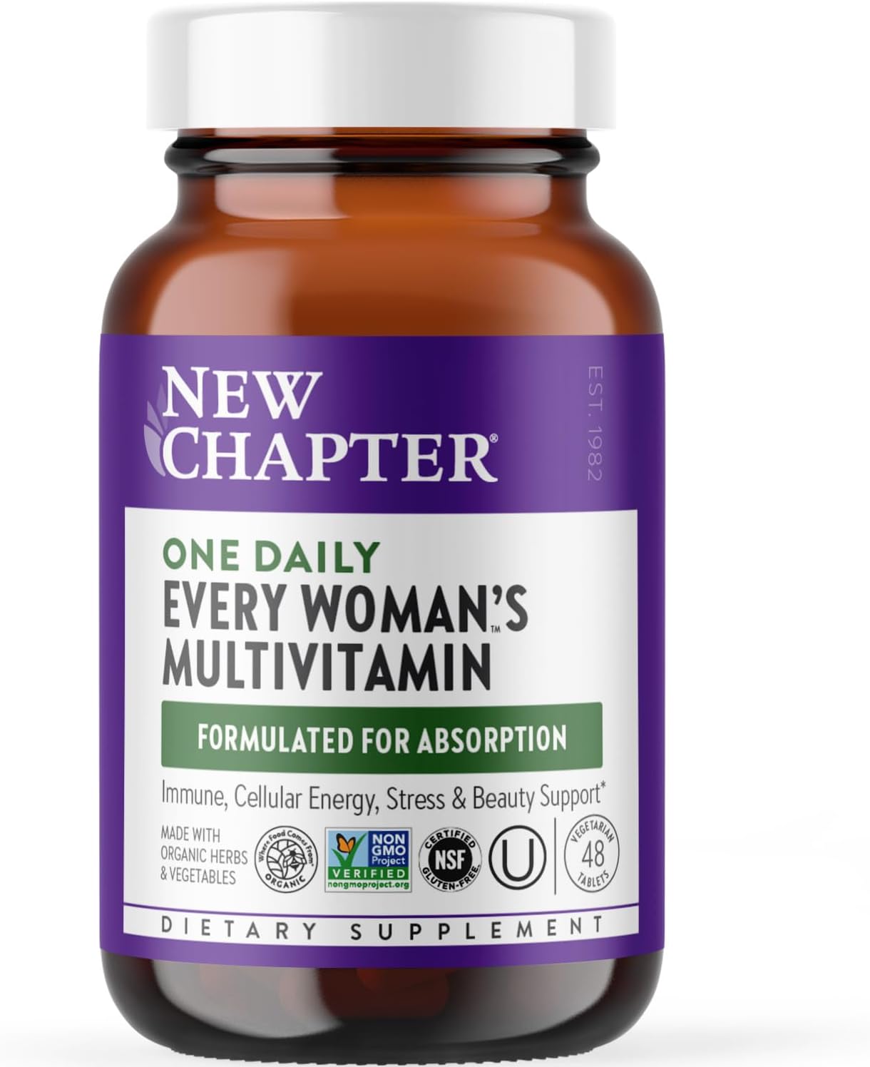 New Chapter Women’s Multivitamin, Iron, B6, B12, Biotin for Hair Growth, D3, VIT C, Zinc for Immune & Stress Support, Gentle on an Empty Stomach, One Daily, Non-GMO, Gluten-Free, 18+, 48 Tablets
