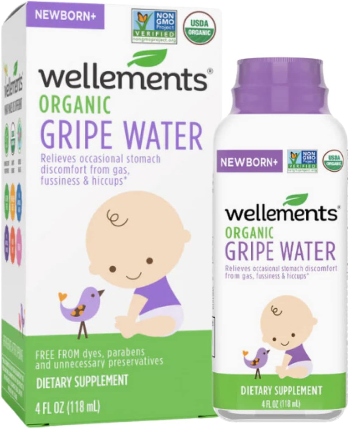Wellements Organic Gripe Water | Relieves Occasional Stomach Discomfort from Baby Gas, Colic, Hiccups and Fussiness | Certified Organic and Non-GMO | No Artificial Flavors | 4 Fl Oz. | Ages Newborn+