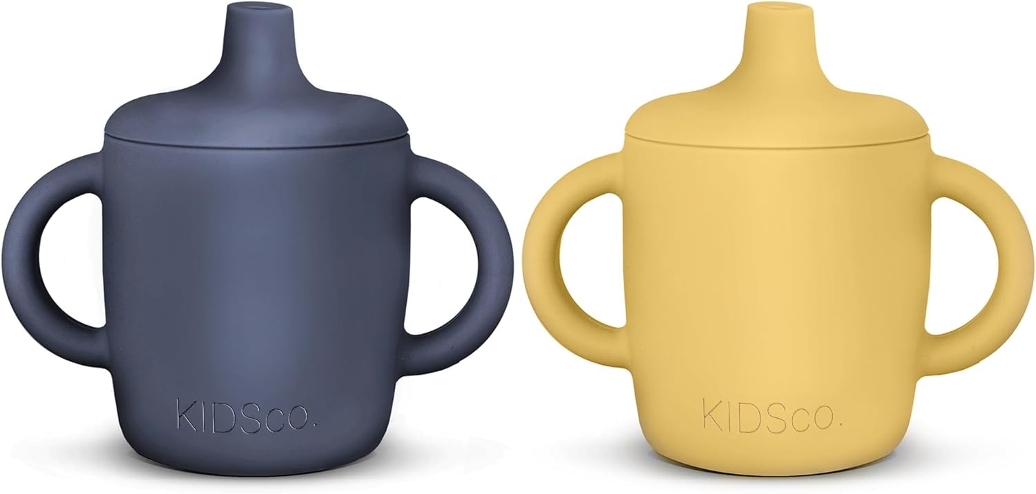 KIDSco. Silicone Sippy Cups (2 Pack) – Soft Spout & Easy Grip Handles for Babies 6+ months, Plastic Free, Toxic Free Silicone, Leak-Resistant, Dishwasher Safe (Midnight Blue & Canary)