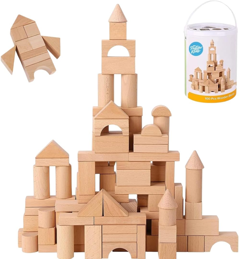 Pidoko Kids Wooden Blocks – 100 Pcs – Building Blocks for Toddlers – Includes Storage Container with Shape Sorter Lid – Natural Beech Wood Blocks – Preschool Learning Toys Stacking Block