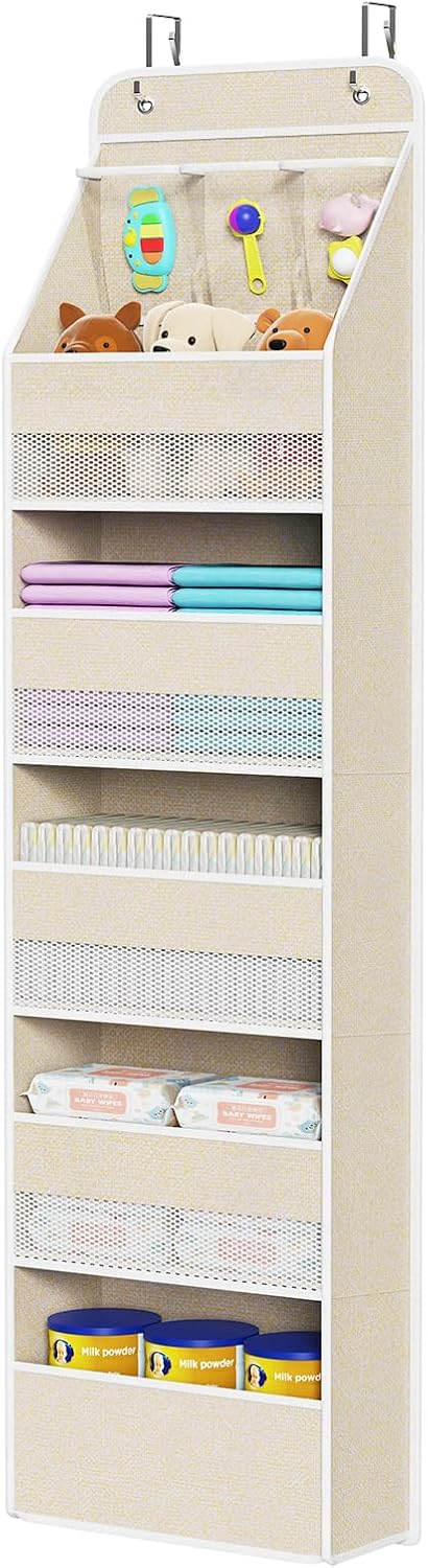 Univivi 6-Shelf Over Door Hanging Organizer Fabric Baby Door Storage with 5 Extra Large Capacity Pockets Behind the Door Hanging Storage Organizers Easy Install Door Storage for Baby Essential (Beige)