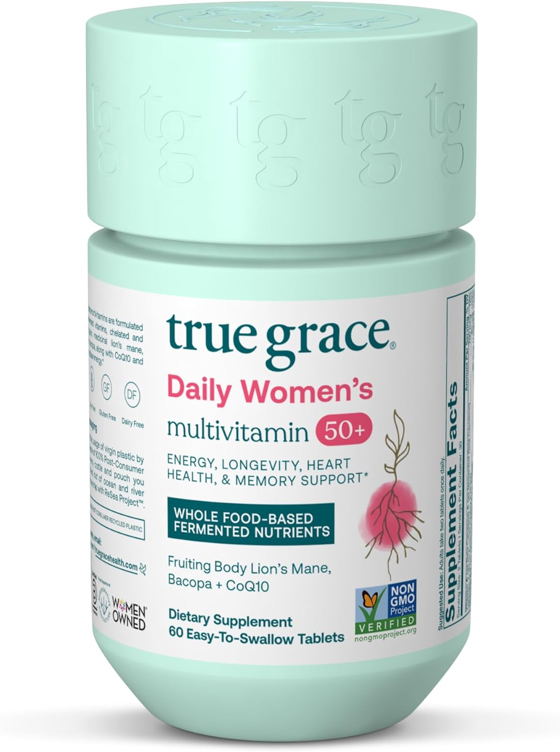 True Grace Daily Women’s Multivitamin 50+ – 60 Easy-to-Swallow Tablets – Immune, Energy, Longevity & Memory Support – Vegan – Gluten, Soy & Iron Free – 30 Servings