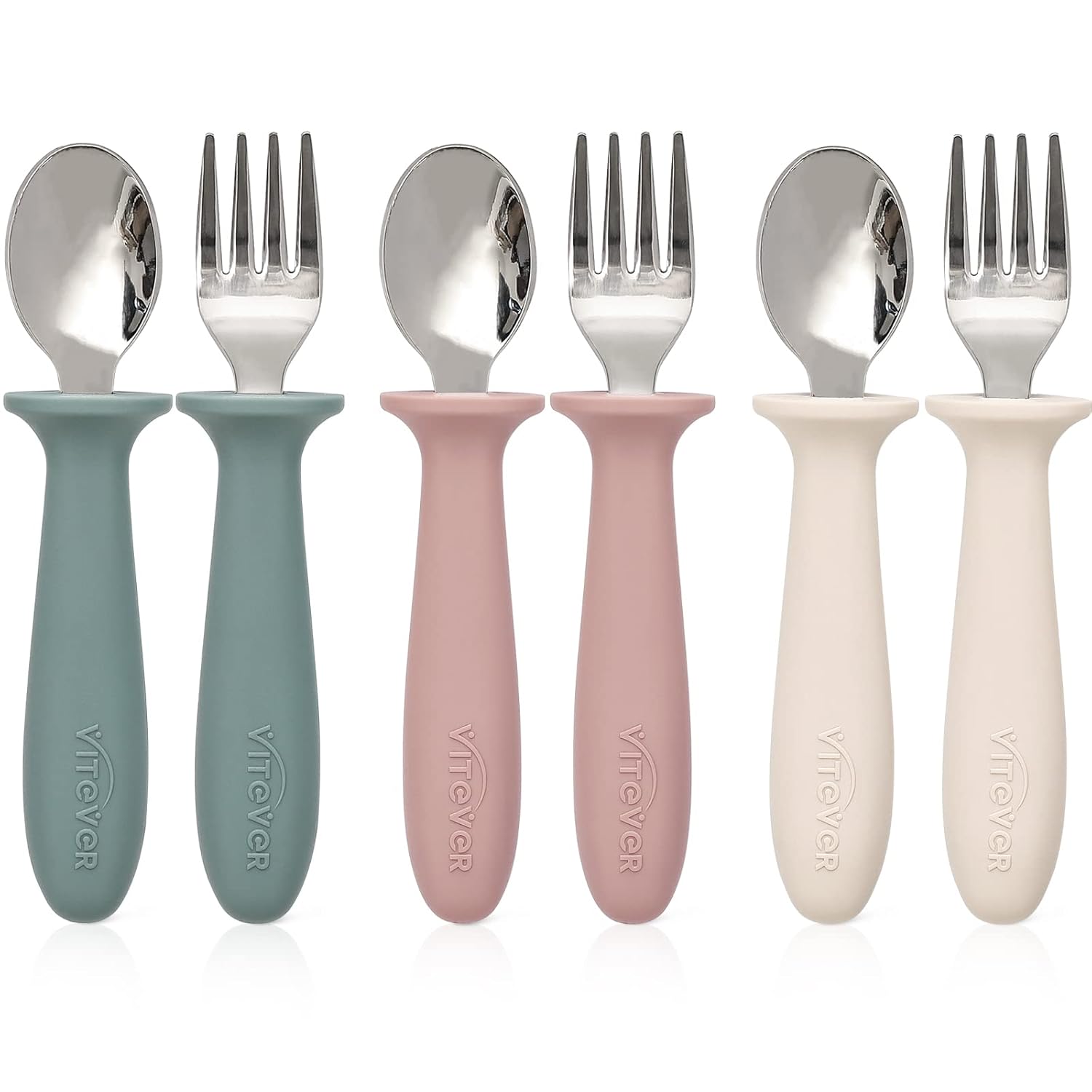 VITEVER 6 Pieces Toddler Utensils, Kids Silverware Set with Silicone Handle, Children Safe Spoons and Forks, 18/8 Stainless Steel, Food-grade Silicone – Dishwasher Safe