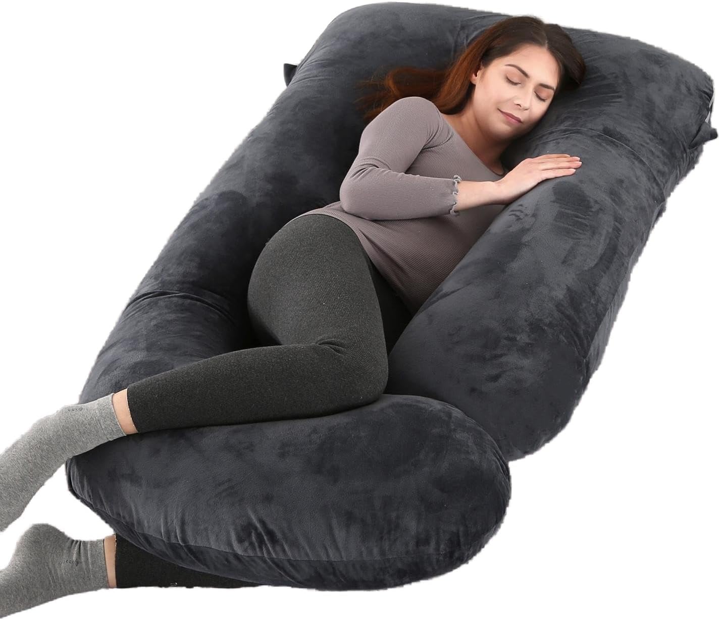 ALLOPERA Pregnancy Pillow, Full Body 57 Inch Maternity Pillow with Removable Washable Cover – Sleep Support for Legs, Back, Neck, Shoulder, HIPS, Belly for Pregnent Women, Black Grey Velvet Cover