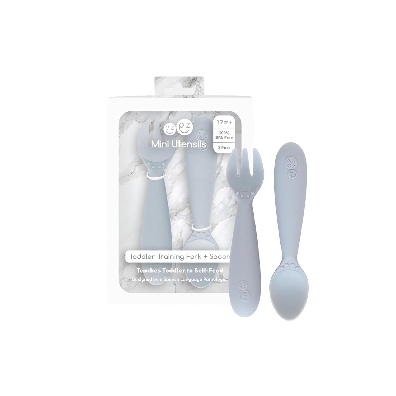 ezpz Mini Utensils – 12 Months+ (Fork & Spoon in Pewter) – 100% BPA Free Fork and Spoon – Toddler Utensils – Designed by a Pediatric Feeding Specialist