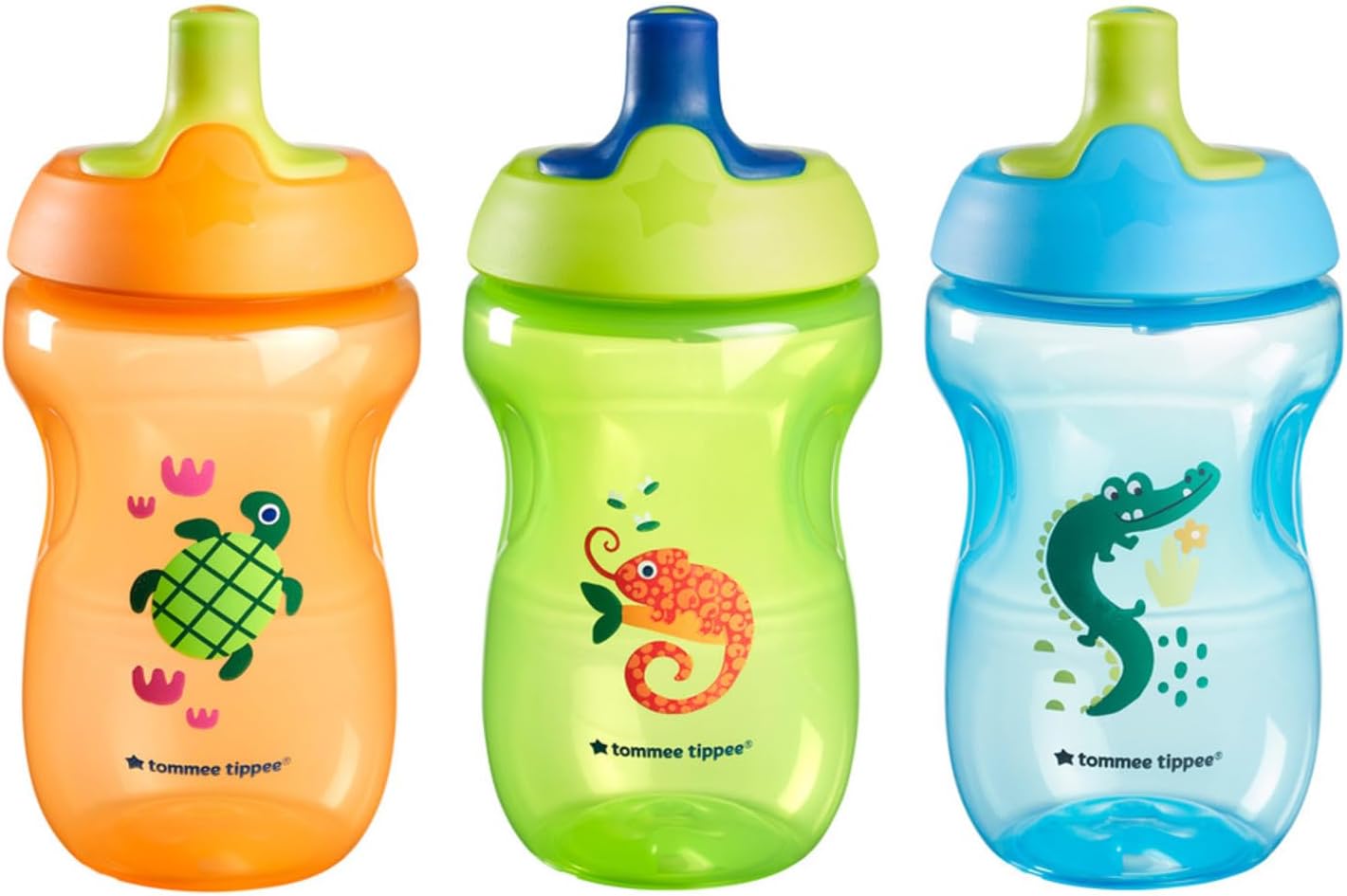 Tommee Tippee Sporty Bottle, 10oz Sippy Cups for Toddlers 1-3, Spill-Proof, Bite Resistant Spout, Easy to Hold Design, BPA Free, Pack of 3, Orange, Green and Blue