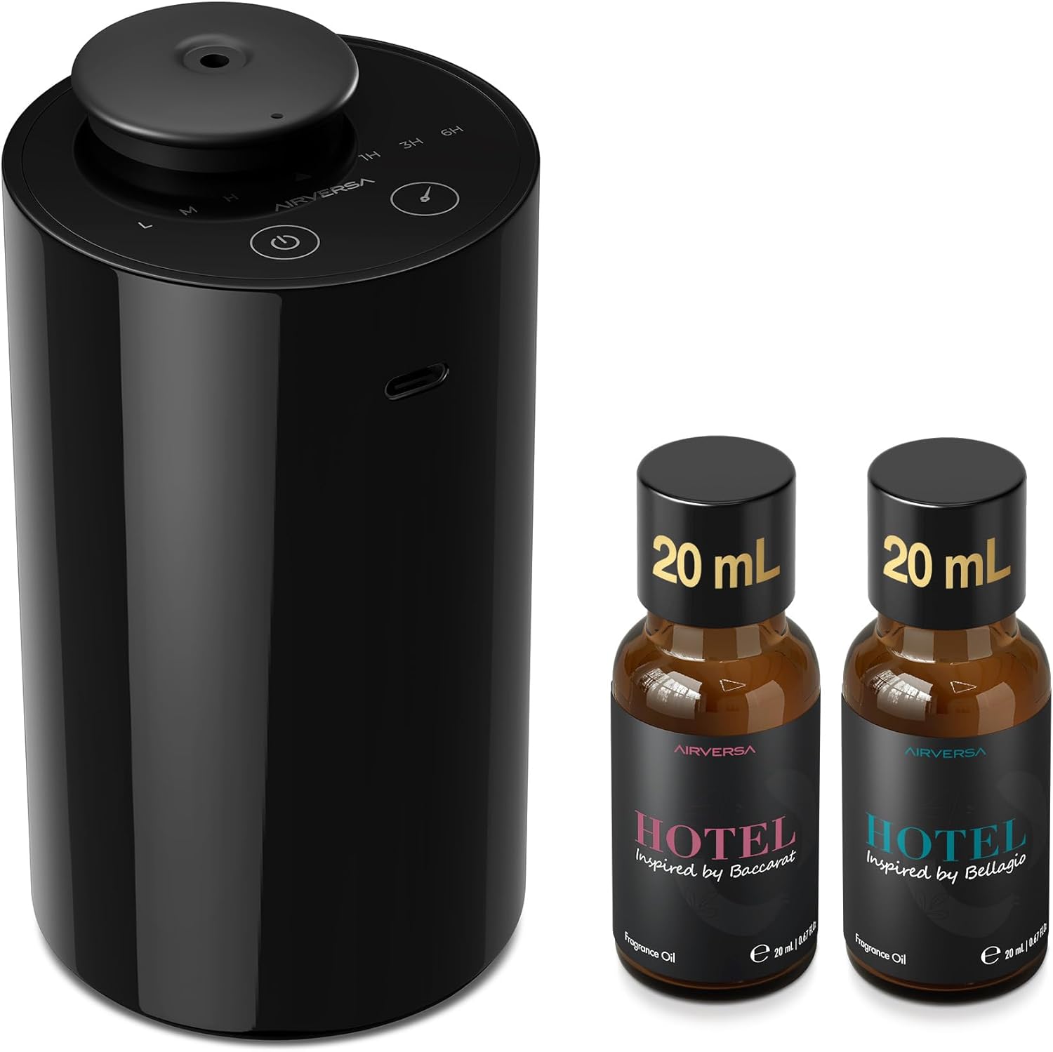 Airversa Waterless Essential Oil Diffuser Starter Kit with 2x20mL Hotel Fragrance Oils for Car Home Office, Cordless Battery Operated Scent Air Cool Mist Diffuser, Mist/Timers, AN6KIT-C Black