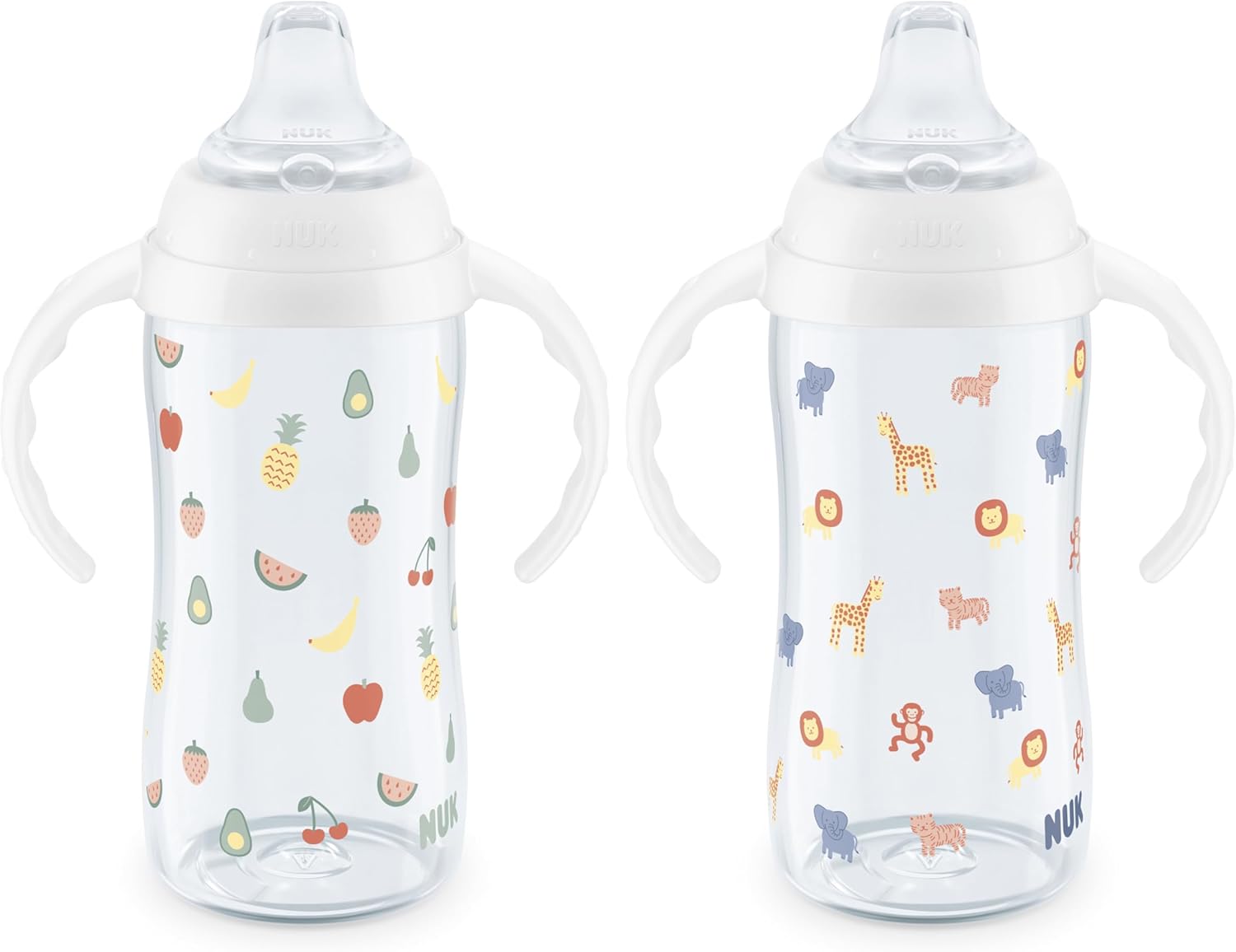 NUK Learner Cup, 8+ Months, Fun Fruits and Animals, Amazon Exclusive Collection, 10 Oz, Pack of 2, BPA-Free, Soft Spout, Spill Proof Sippy Cup