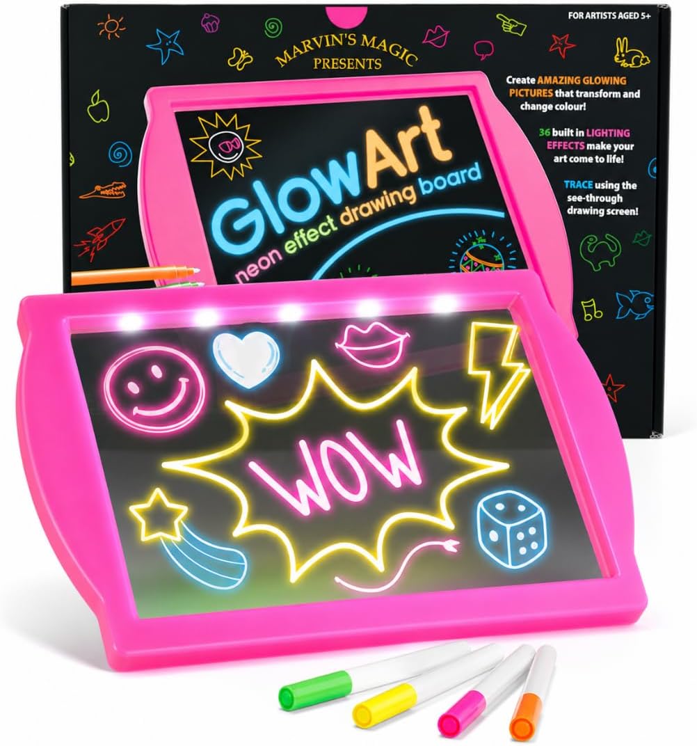 Marvin’s Magic Glow Art Neon LED Drawing Board for Kids – Pink Doodle Board with Glow in the Dark Markers – Light Up Tracing Pad and Drawing Tablet – Mess Free Arts and Crafts Set Ages 5+