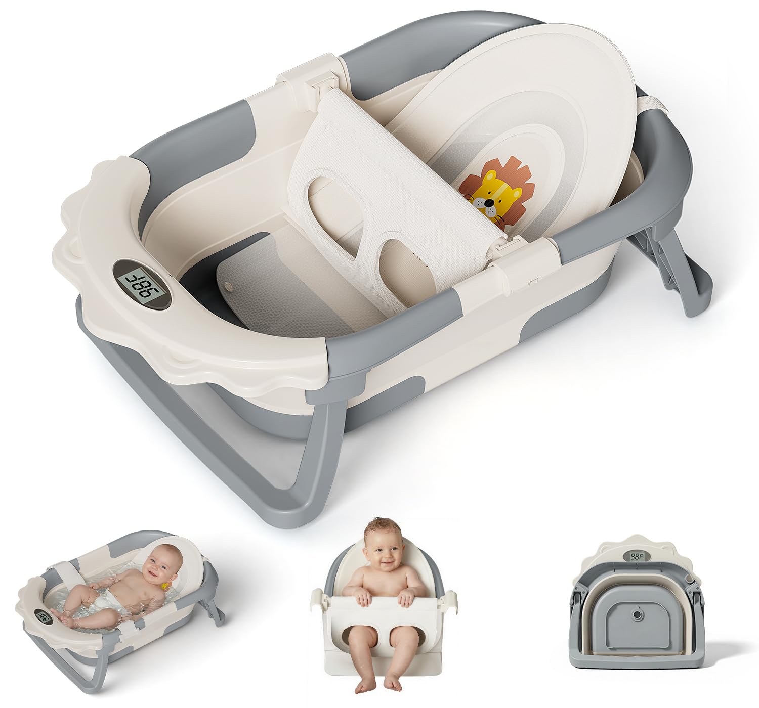 MoreFeel Foldable Baby Bathtub with Thermometer – 4-in-1 Grow-with-Me Collapsible Infant Tub (Newborn to Toddler) with Adjustable Mesh Sling – Space Saving Design
