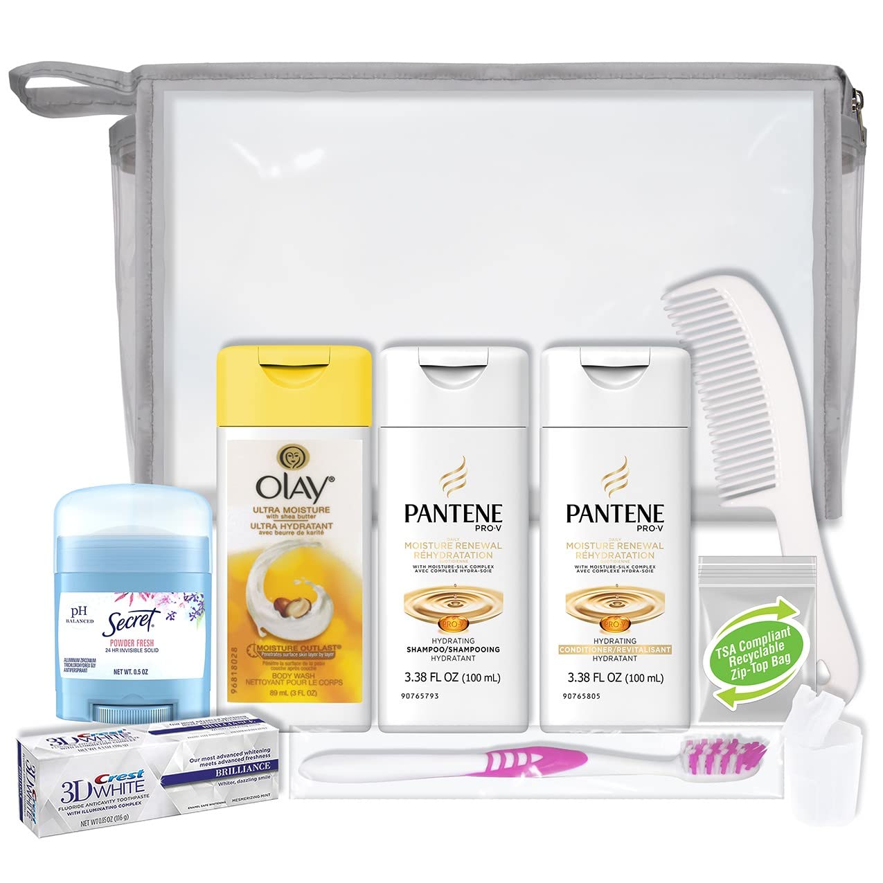 Convenience Kits International Women’s 10-Piece Deluxe Kit with Travel Size TSA Compliant Essentials, Featuring: Pantene Hair Products in Reusable Toiletry Bag – Clear color